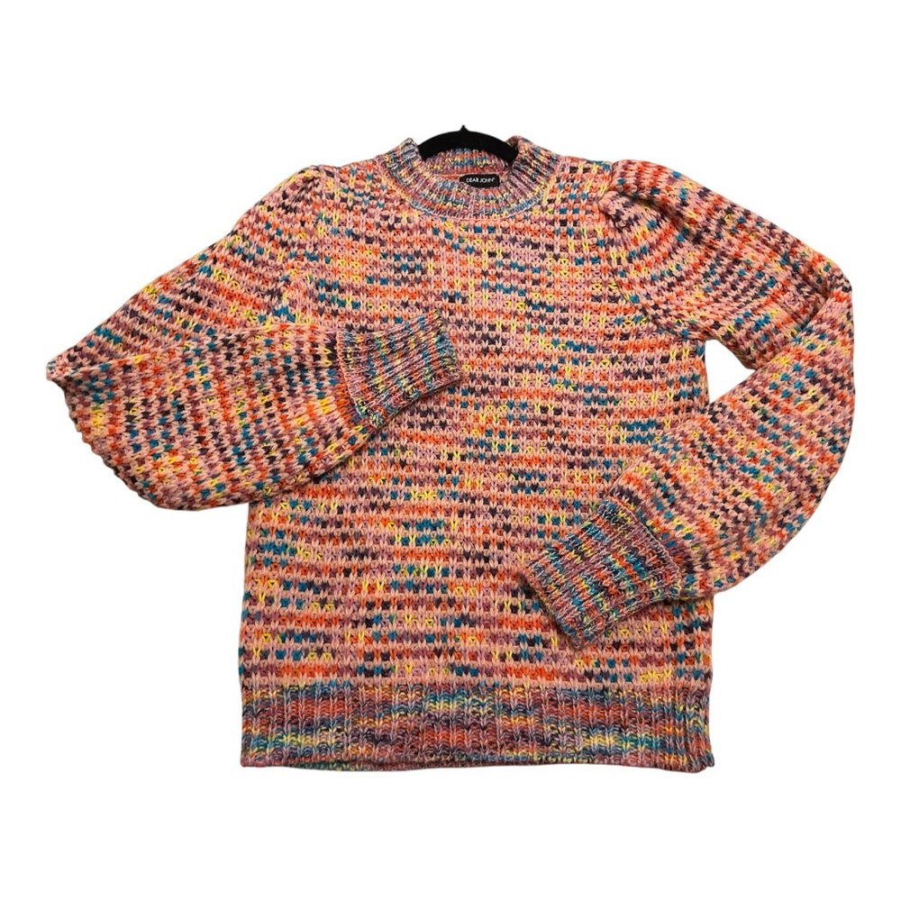 Anthropologie Dear John Womens Pullover Sweater Pink Multi Long Puff Sleeve Lrg